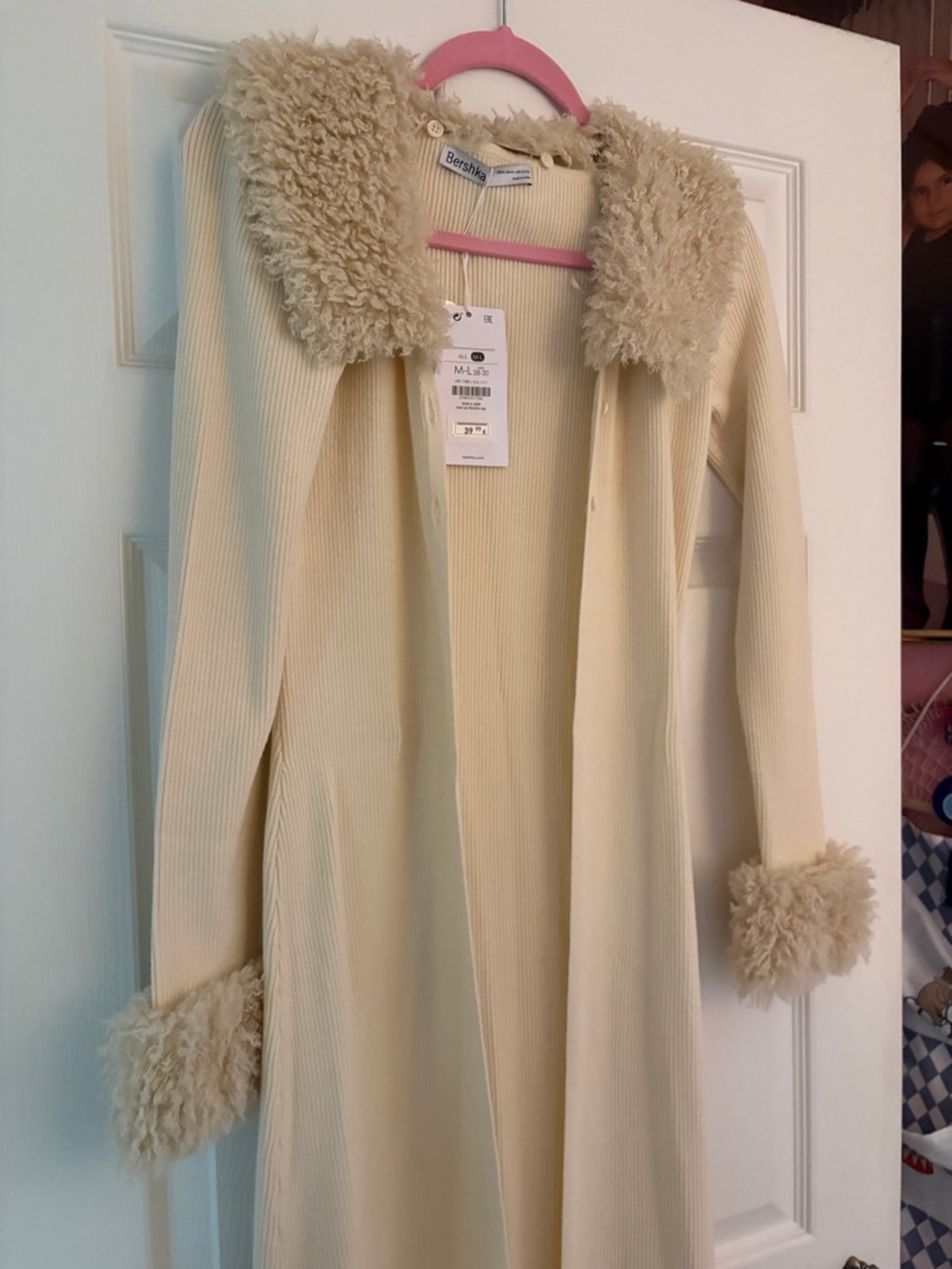 Bershka Cream Teddy-Trim Long Cardigan NWT - Picture 6 of 9